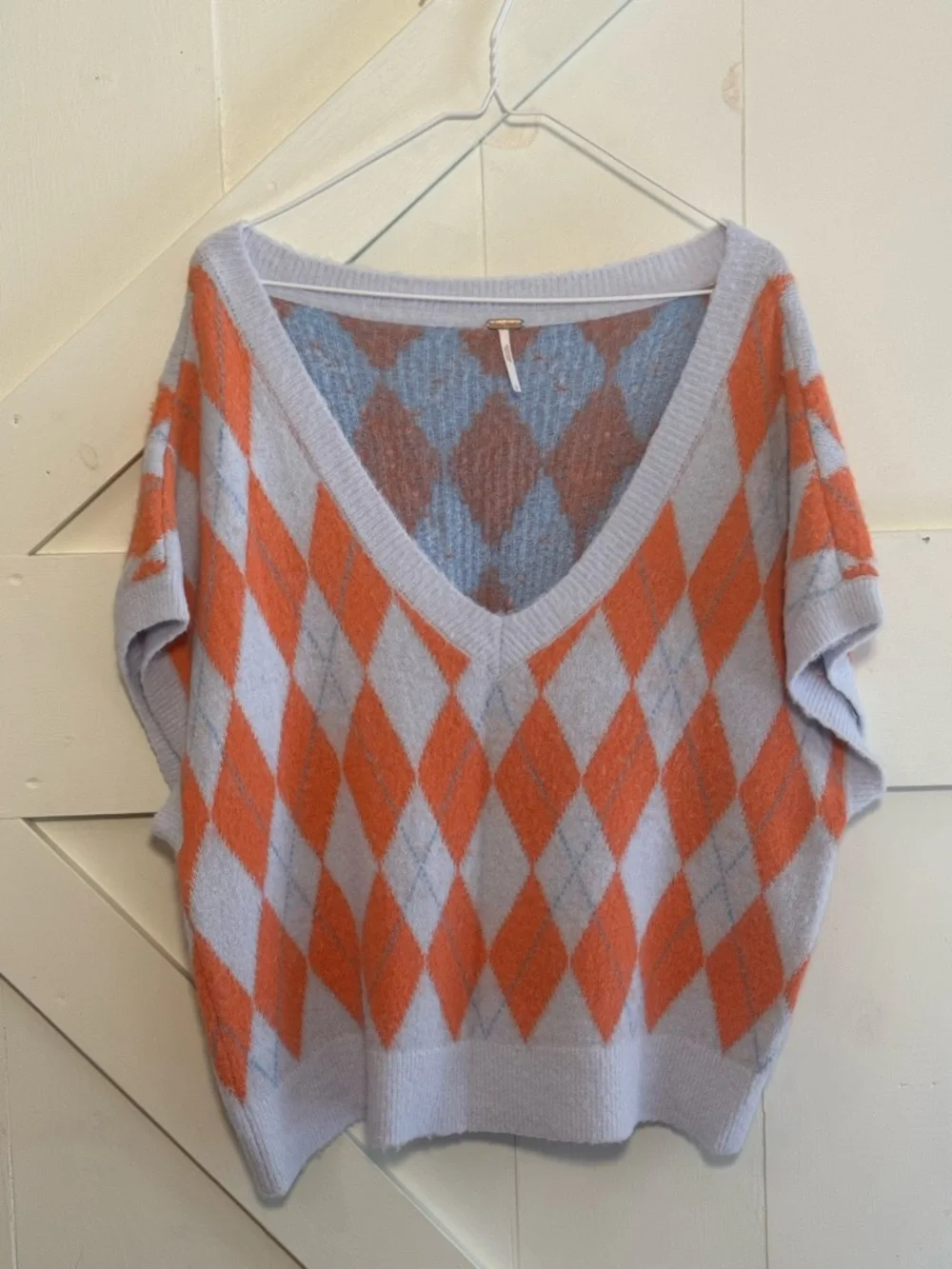 Free People Large Argyle Sweater Vest V-Neck Oversized Fuzzy Knit Orange Gray